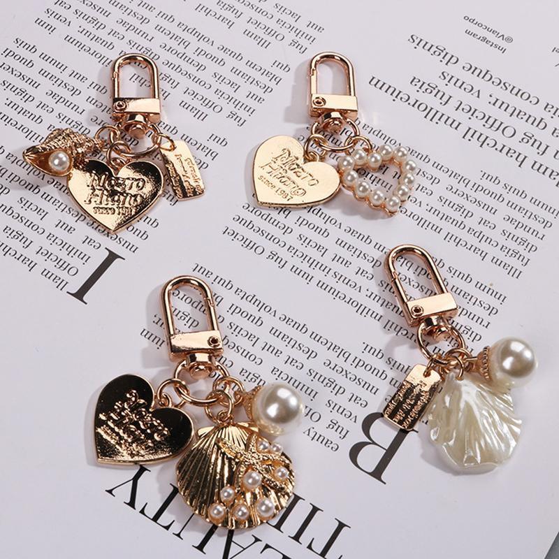 Womens Cute Key Rings Shell Heart Pearl Shape Keychain Charm Bag Hanger Pendants - C