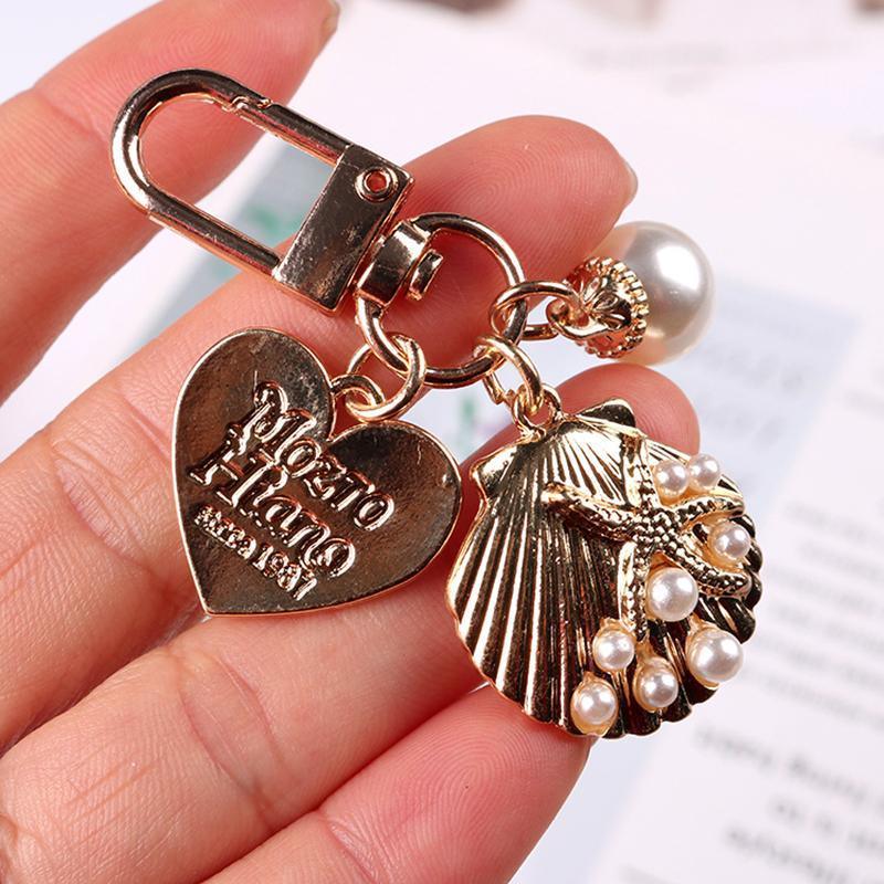 Womens Cute Key Rings Shell Heart Pearl Shape Keychain Charm Bag Hanger Pendants - C