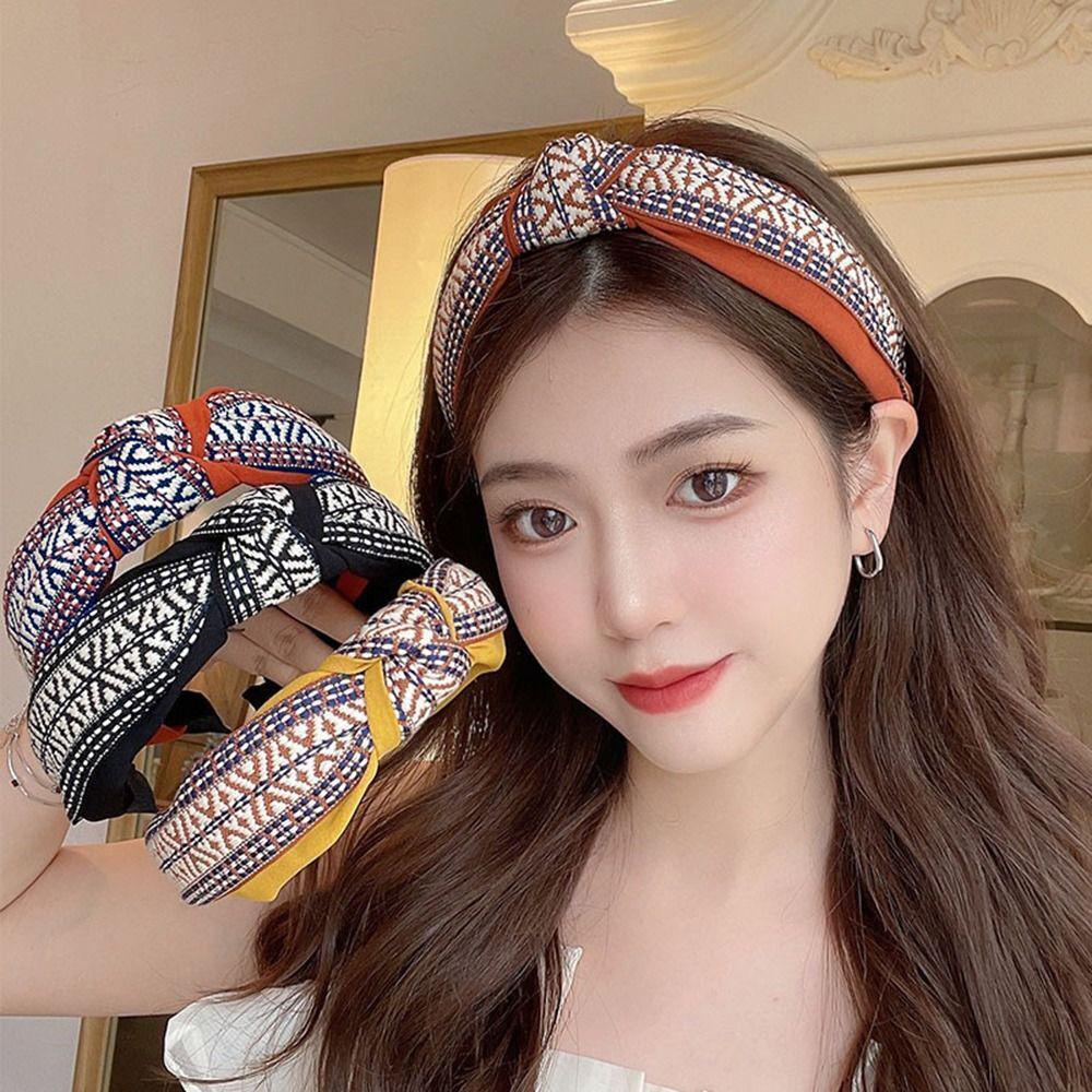 Women Lady Retro Boho Embroidery Cotton Wide Hair Headband Head Wrap Band hoop - Yellow