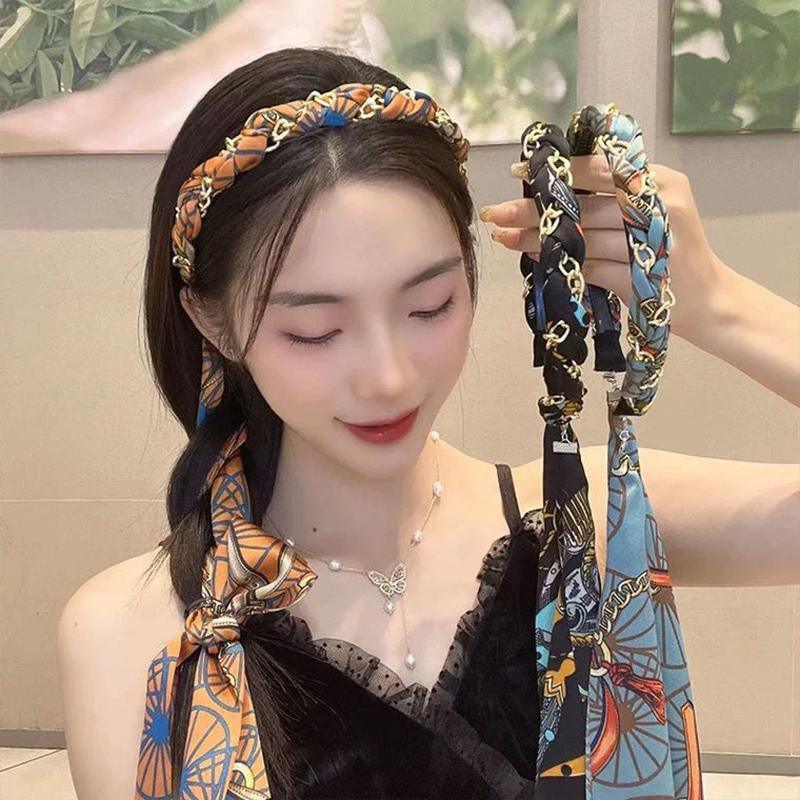 Chains patterned satin headband with Long Scarf Headband Scarf Hair Accessories - Black