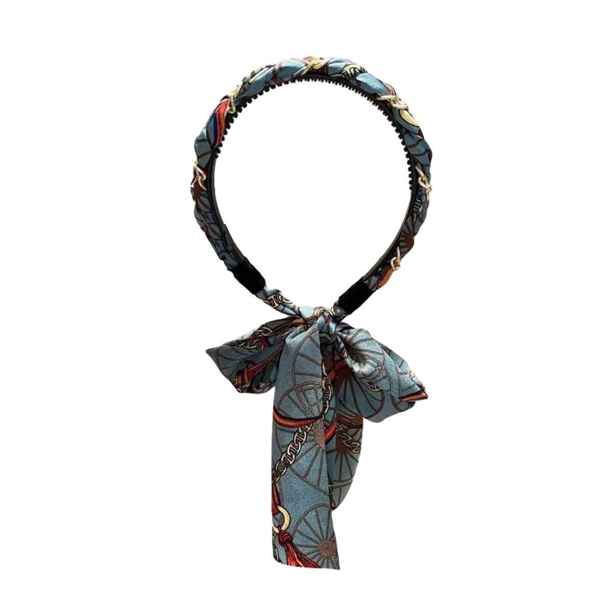 Chains patterned satin headband with Long Scarf Headband Scarf Hair Accessories - Black