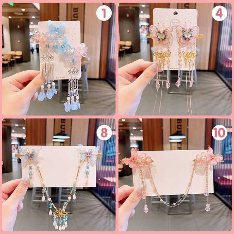 2Pcs Hanfu Flower Hair Clip with Pearl Tassel Butterfly Hairpin for Women and Girls Party - E018
