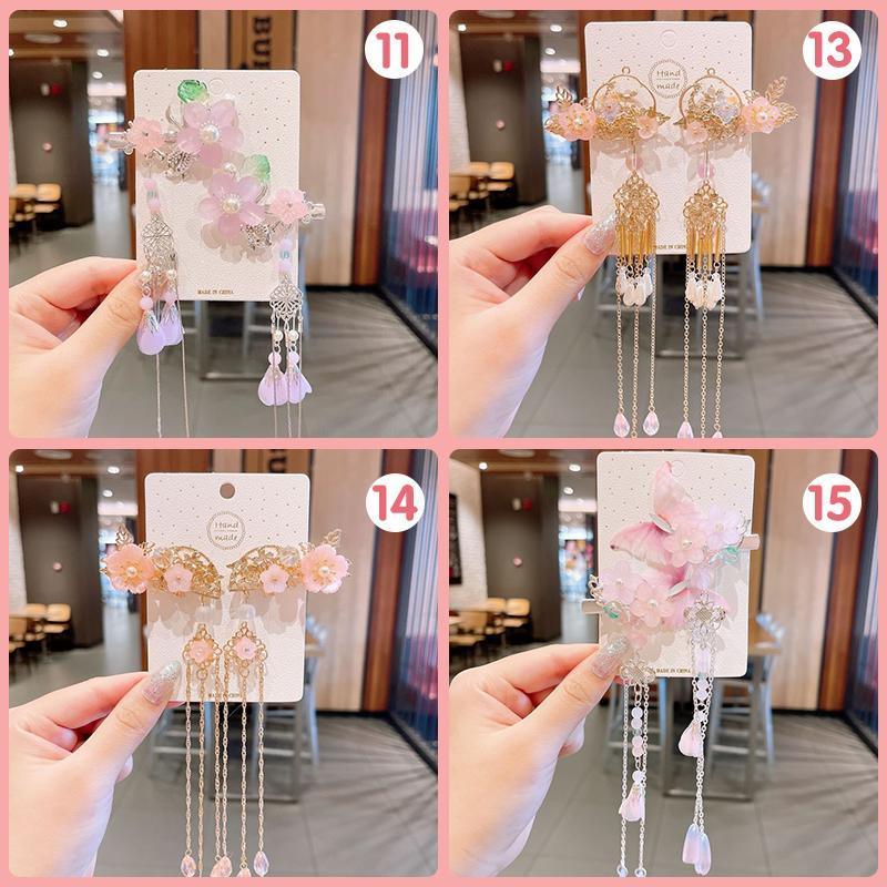 2Pcs Hanfu Flower Hair Clip with Pearl Tassel Butterfly Hairpin for Women and Girls Party - E018