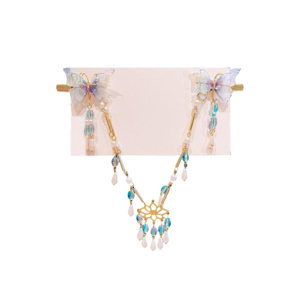 2Pcs Hanfu Flower Hair Clip with Pearl Tassel Butterfly Hairpin for Women and Girls Party - E002
