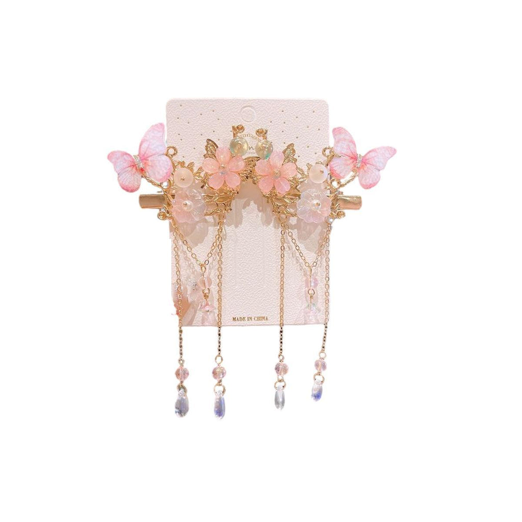 2Pcs Hanfu Flower Hair Clip with Pearl Tassel Butterfly Hairpin for Women and Girls Party - E002