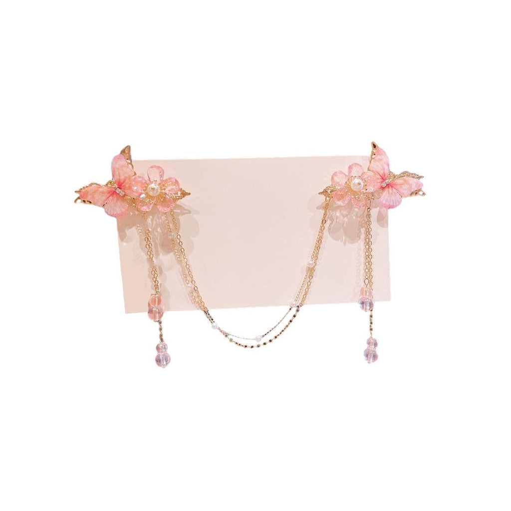2Pcs Hanfu Flower Hair Clip with Pearl Tassel Butterfly Hairpin for Women and Girls Party - 4