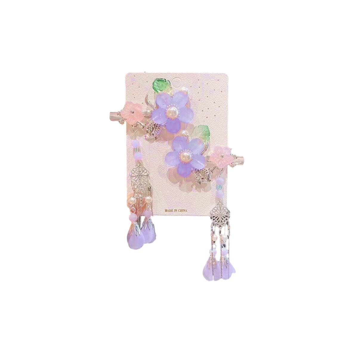 2Pcs Hanfu Flower Hair Clip with Pearl Tassel Butterfly Hairpin for Women and Girls Party - 1