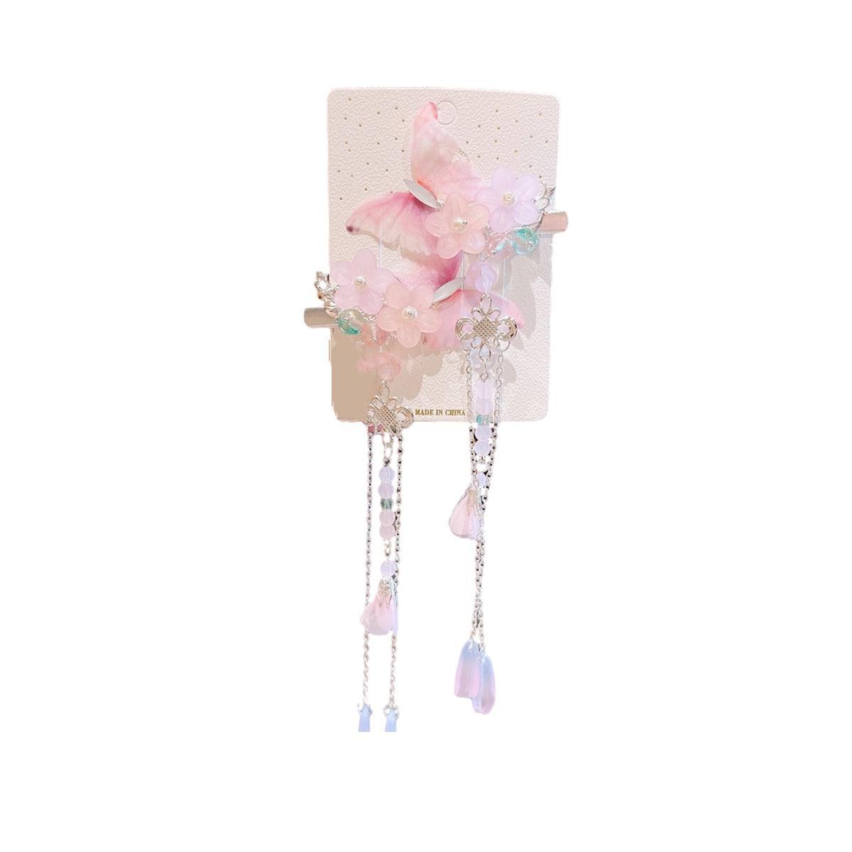 2Pcs Hanfu Flower Hair Clip with Pearl Tassel Butterfly Hairpin for Women and Girls Party - 15