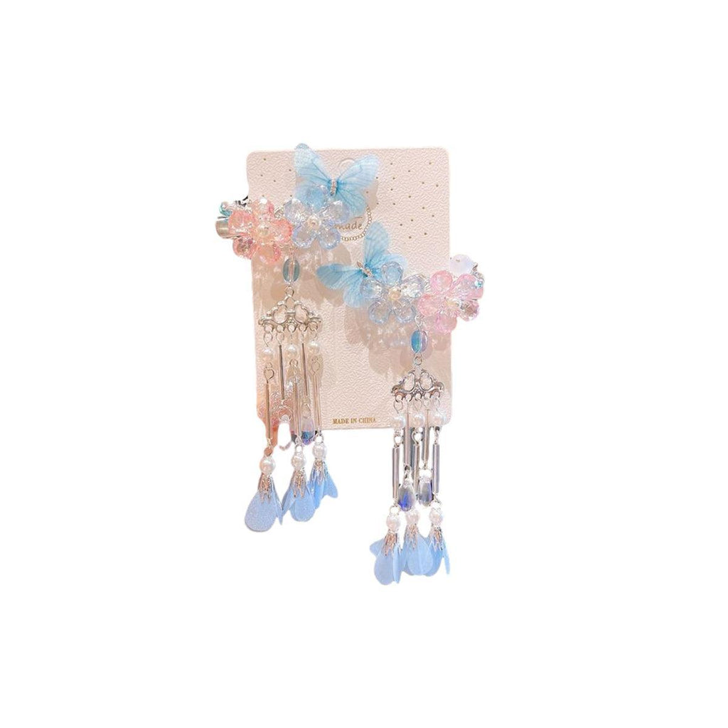 2Pcs Hanfu Flower Hair Clip with Pearl Tassel Butterfly Hairpin for Women and Girls Party - E014