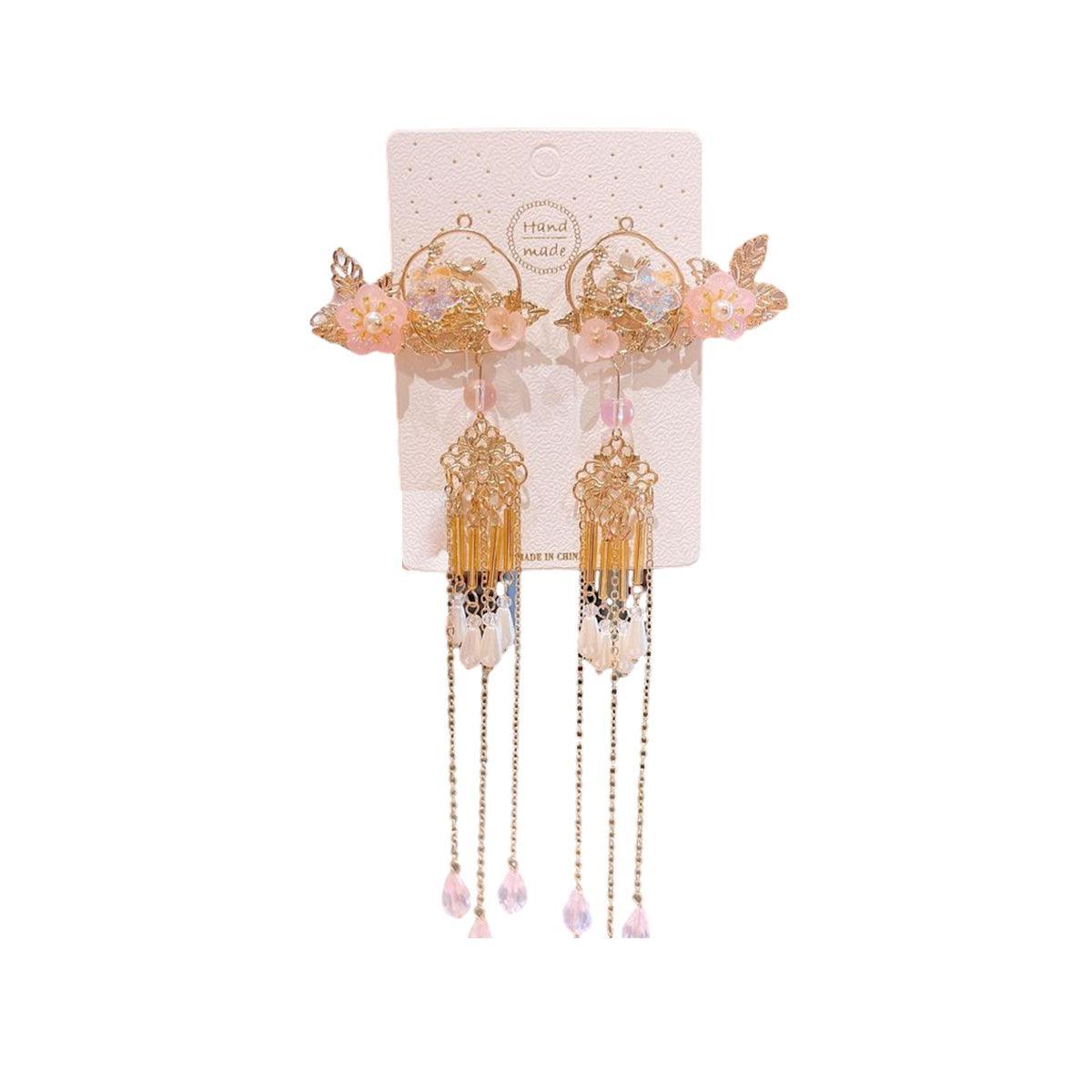 2Pcs Hanfu Flower Hair Clip with Pearl Tassel Butterfly Hairpin for Women and Girls Party - E014
