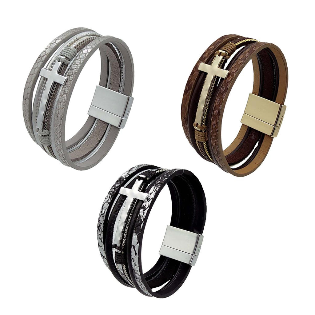 Men Cross Bracelet Multi-Layer Leather Wristband Stainless Steel Stylish Gift - Coffee