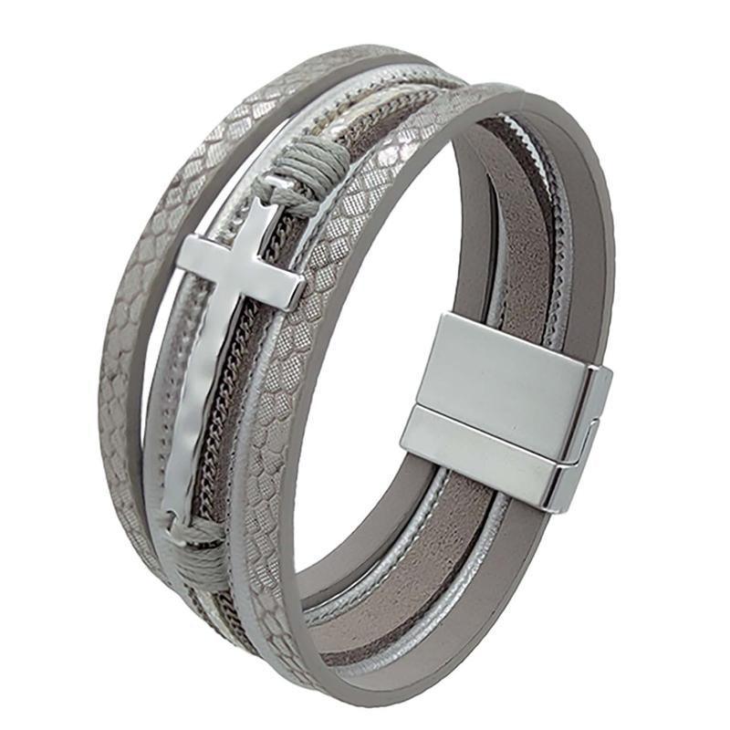 Men Cross Bracelet Multi-Layer Leather Wristband Stainless Steel Stylish Gift - Coffee