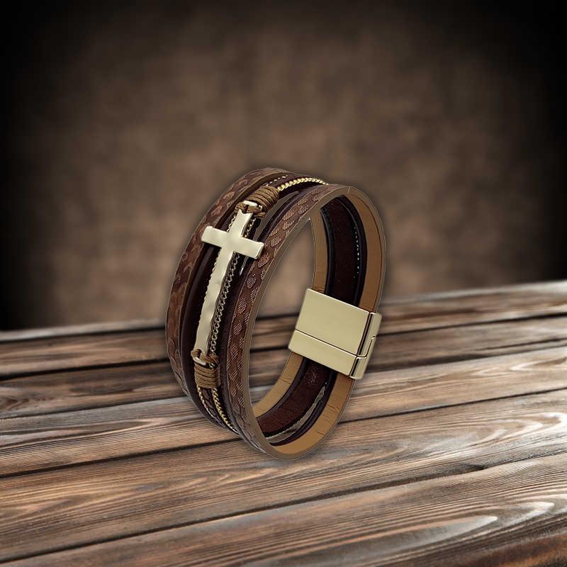 Men Cross Bracelet Multi-Layer Leather Wristband Stainless Steel Stylish Gift - Silver