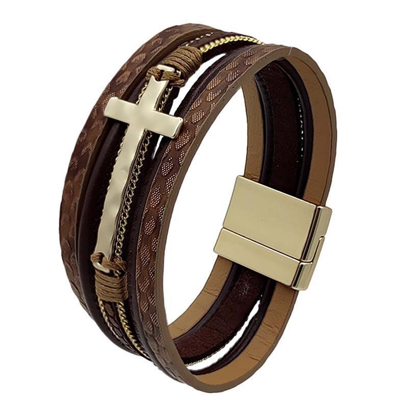 Men Cross Bracelet Multi-Layer Leather Wristband Stainless Steel Stylish Gift - Silver