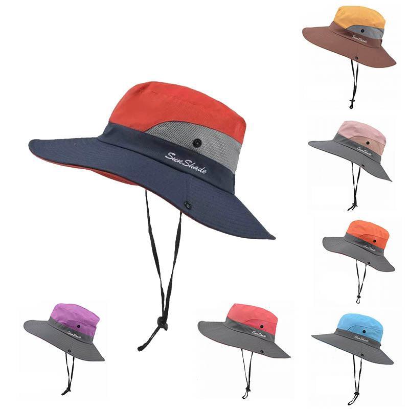 Women Wide Brim Ponytail Hat Sun Protect Visor Summer Beach Cap Anti Uv Floppy - Yellow