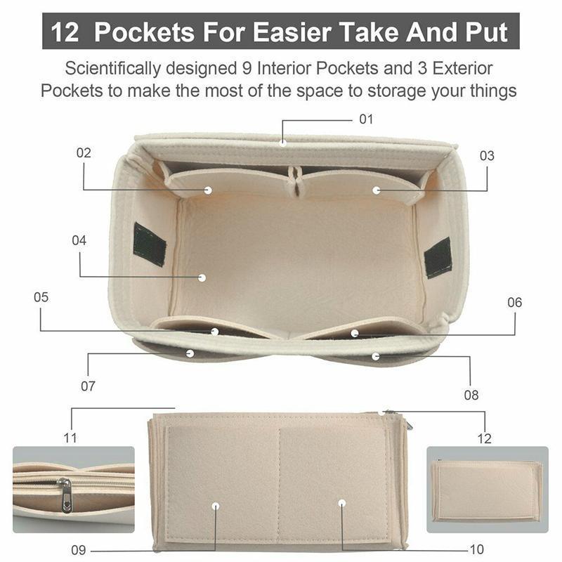 Felt Handbag Organizer Insert with Multiple Pockets for Tote and Purse - Coffee M Size