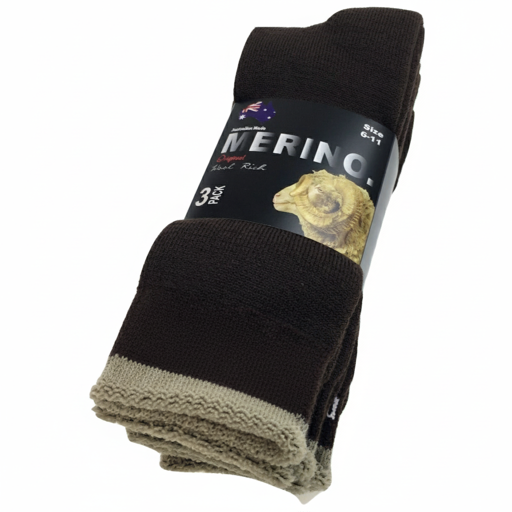 3 Pairs MERINO WOOL SOCKS Mens Heavy Duty Premium Thick Work Socks Cushion - Brown - 11-14