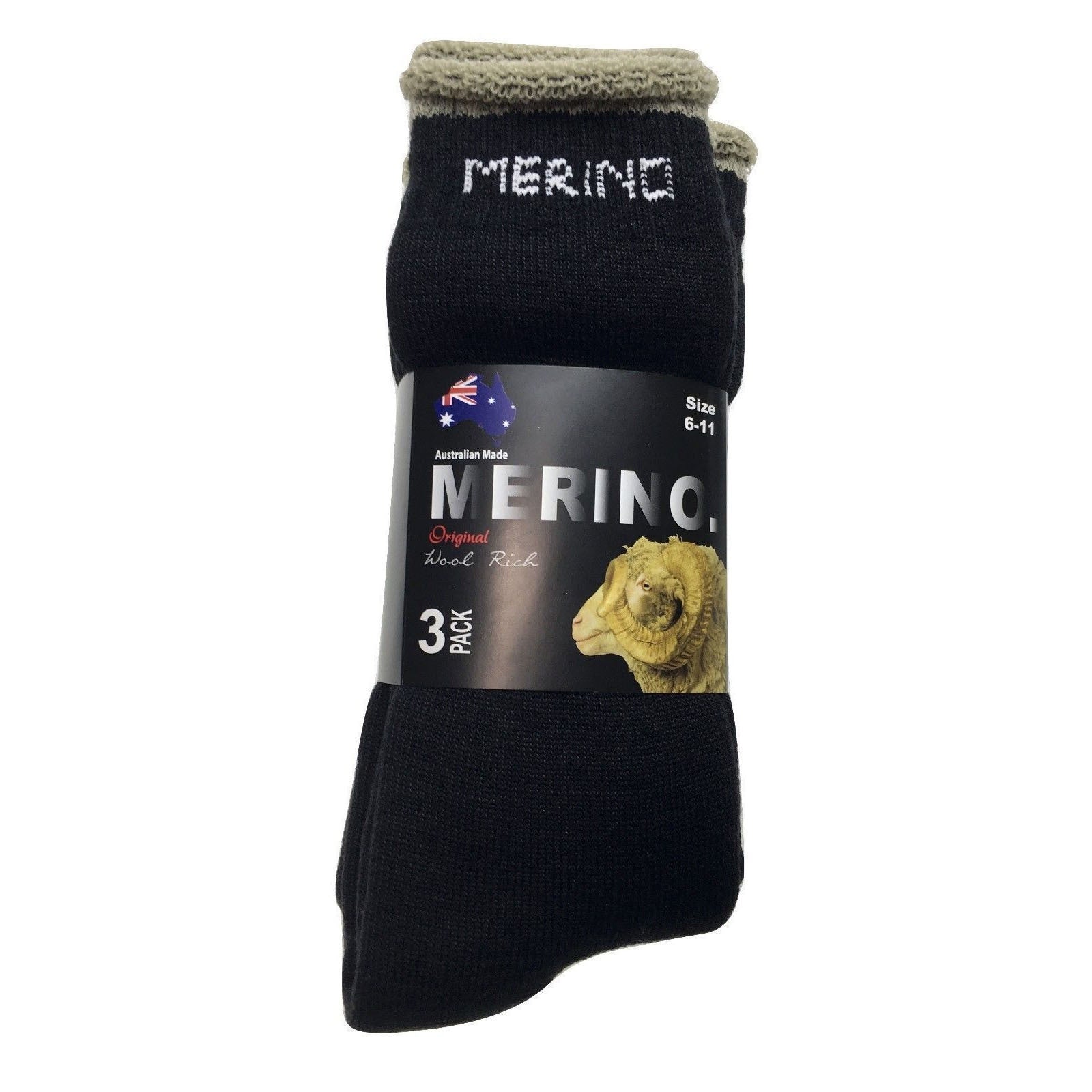 6 Pairs MERINO WOOL SOCKS Mens Heavy Duty Premium Thick Work Socks Cushion BULK - Black - 11-14