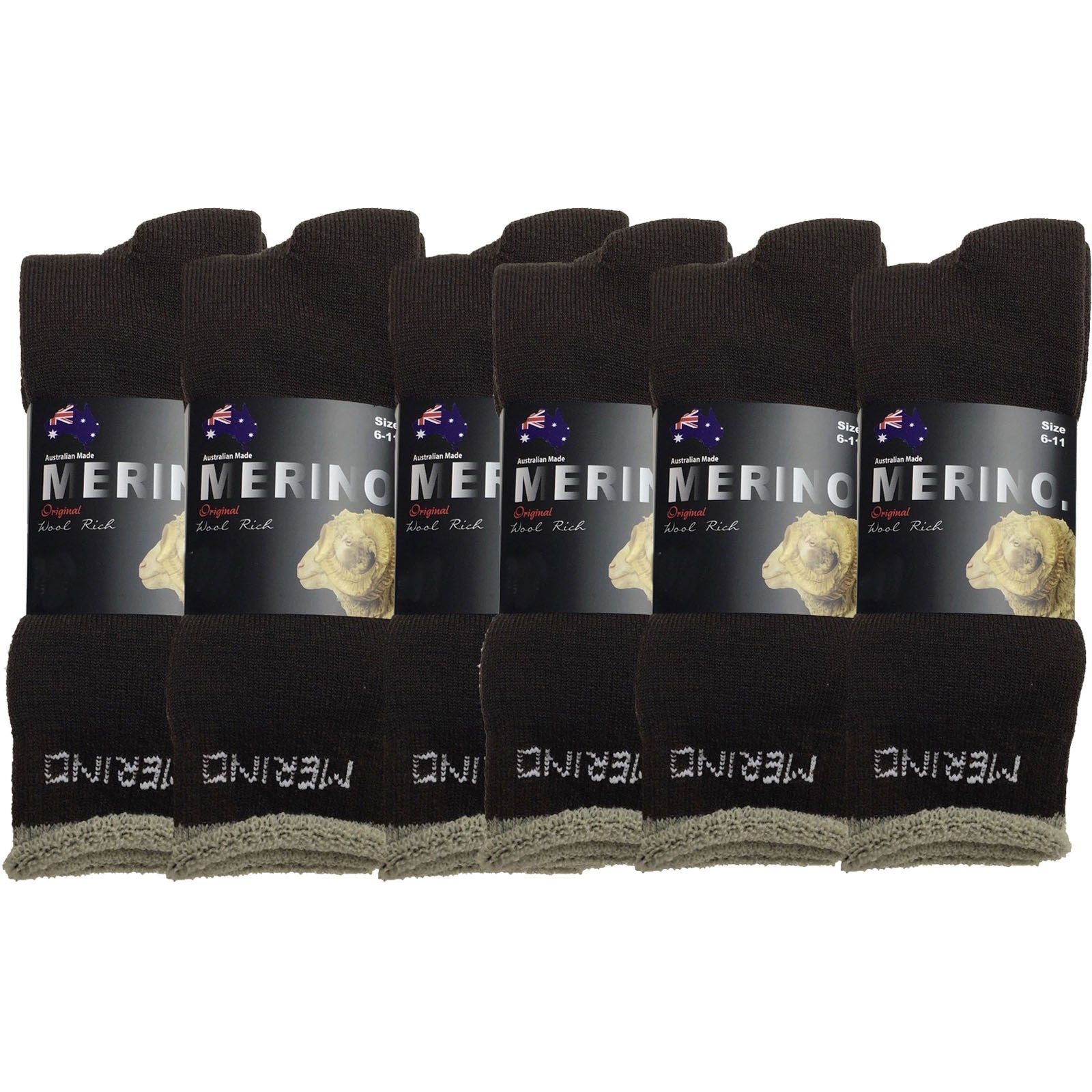6 Pairs MERINO WOOL SOCKS Mens Heavy Duty Premium Thick Work Socks Cushion BULK - Brown - 6-11