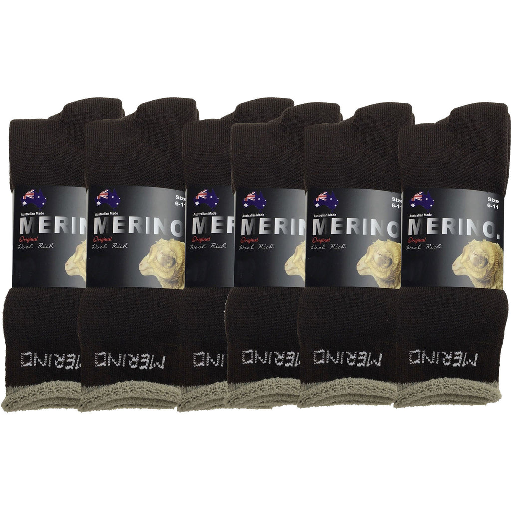 6 Pairs MERINO WOOL SOCKS Mens Heavy Duty Premium Thick Work Socks Cushion BULK - Brown - 6-11