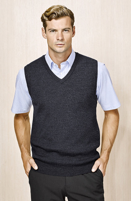 Mens Wool Blend V Neck Vest Sleeveless Double Knit  - Charcoal - X-Large
