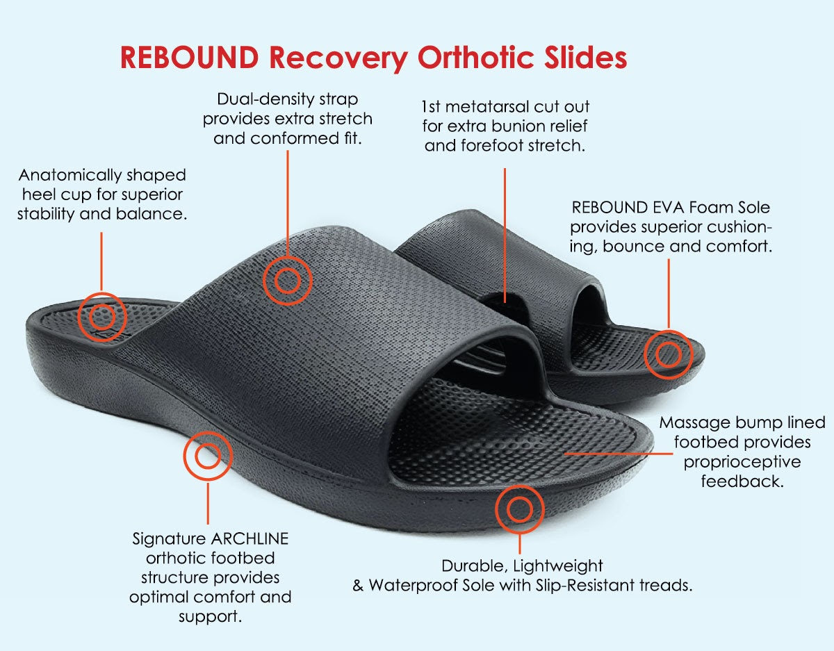 Archline Rebound Orthotic Slides Flip Flop Thongs Slip On Arch Support - Black - Euro 39