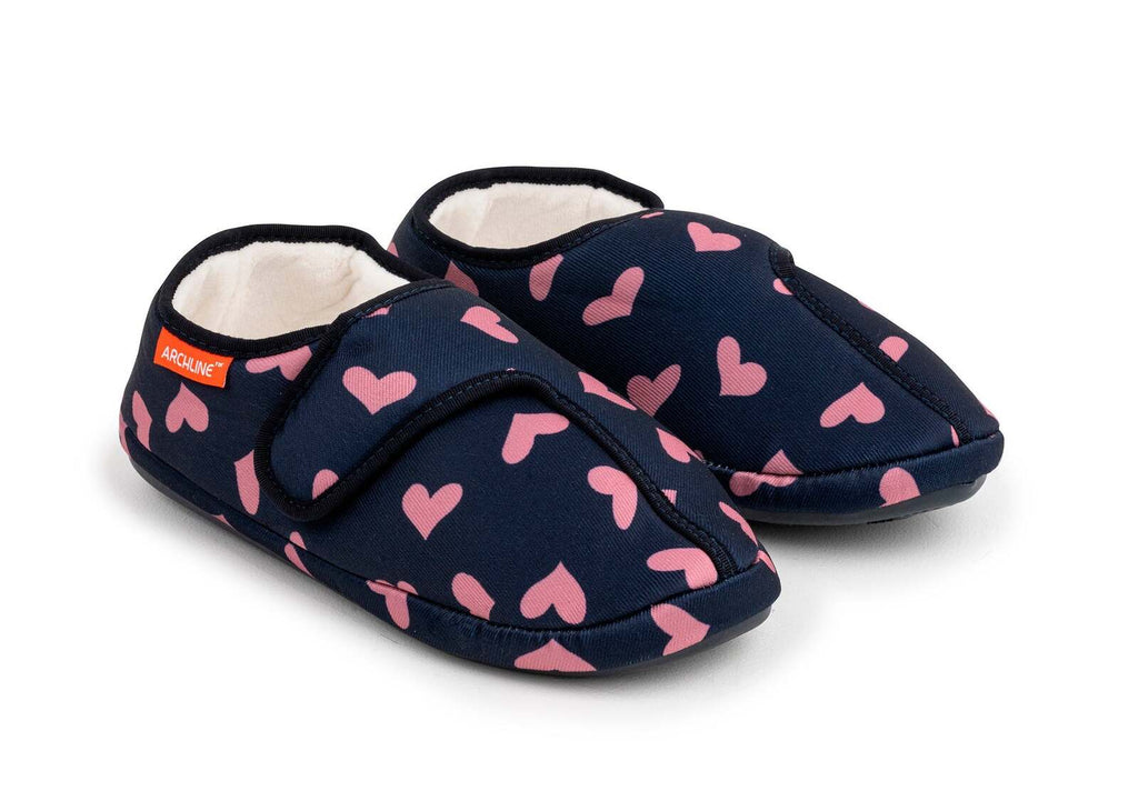 ARCHLINE Orthotic Plus Slippers Closed Scuffs Pain Relief Moccasins - Navy Hearts - EU 36