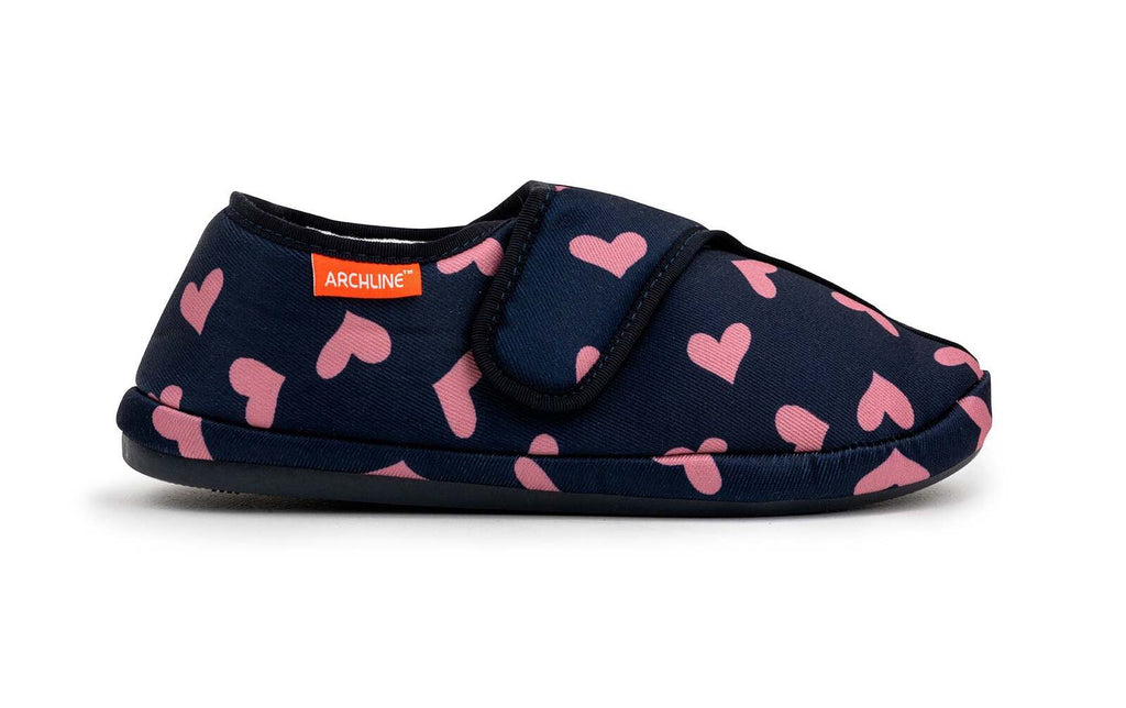 ARCHLINE Orthotic Plus Slippers Closed Scuffs Pain Relief Moccasins - Navy Hearts - EU 37