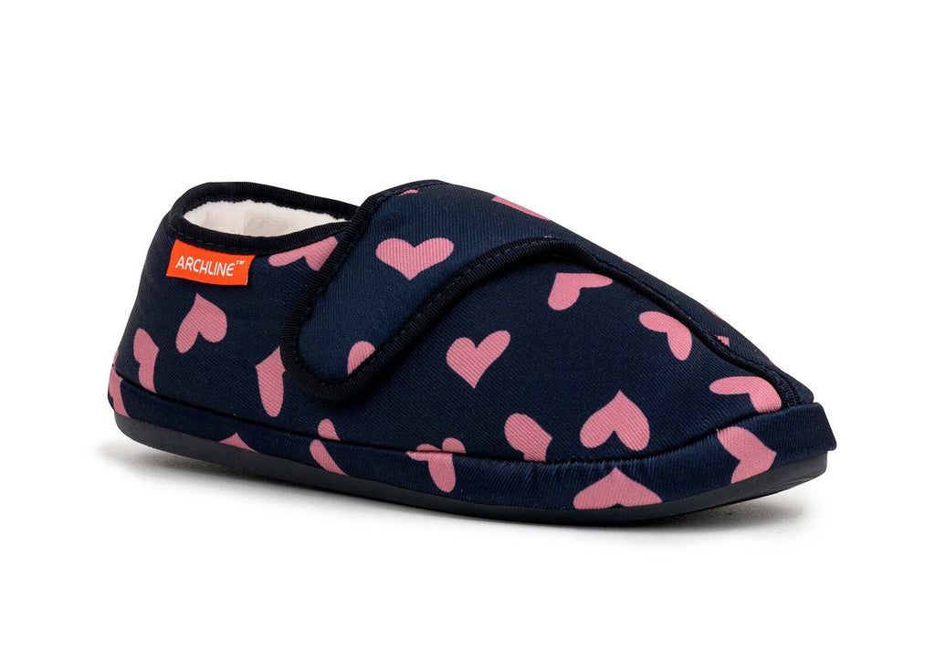 ARCHLINE Orthotic Plus Slippers Closed Scuffs Pain Relief Moccasins - Navy Hearts - EU 41