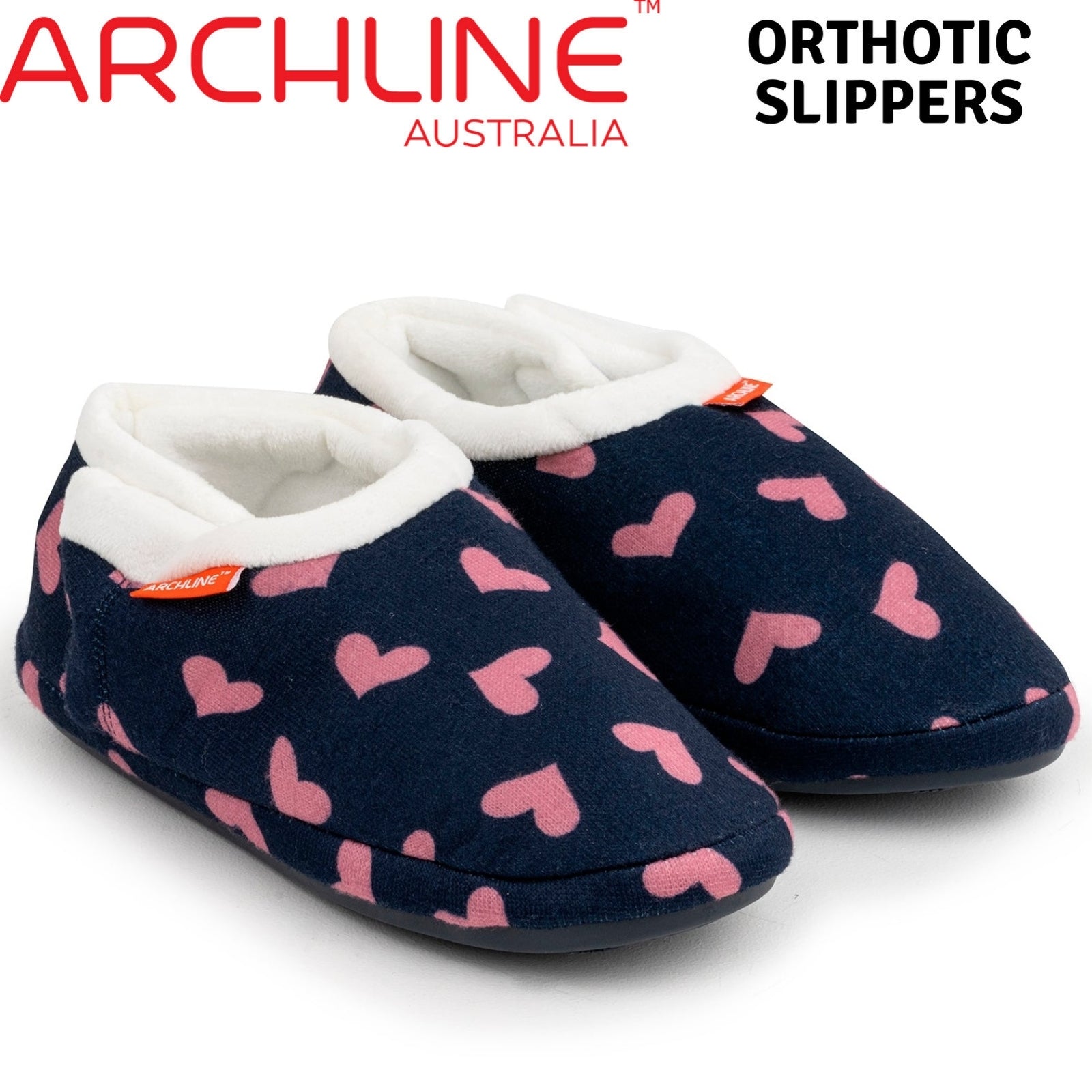 ARCHLINE Orthotic Slippers CLOSED Arch Scuffs Moccasins Pain Relief in Navy Hearts - EUR37