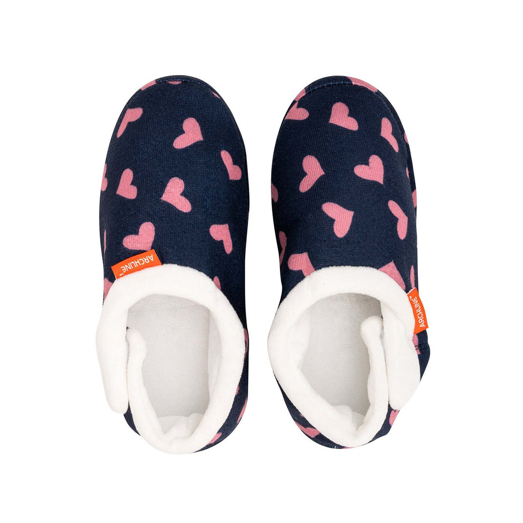 ARCHLINE Orthotic Slippers CLOSED Arch Scuffs Moccasins Pain Relief in Navy Hearts - EUR38