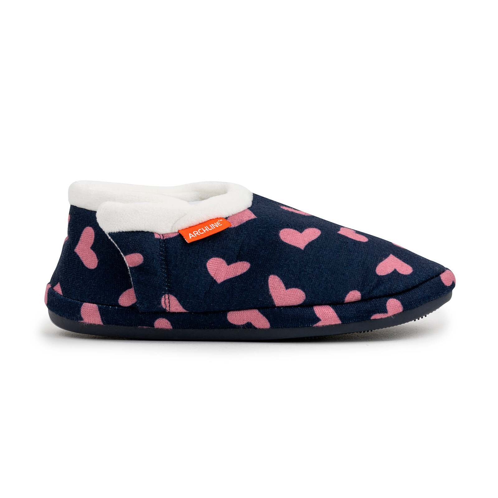 ARCHLINE Orthotic Slippers CLOSED Arch Scuffs Moccasins Pain Relief in Navy Hearts - EUR40