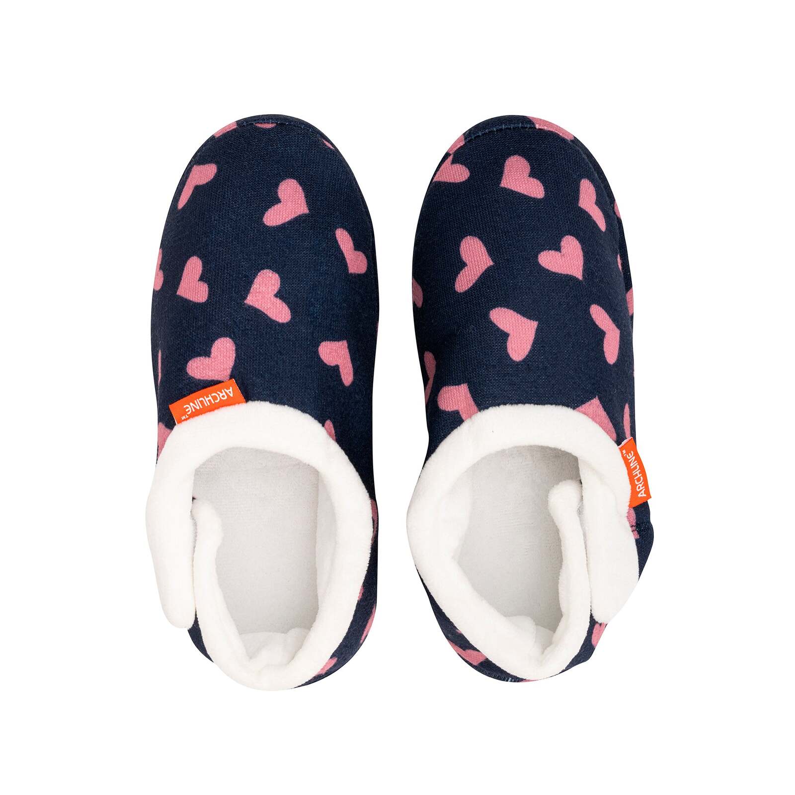 ARCHLINE Orthotic Slippers CLOSED Arch Scuffs Moccasins Pain Relief in Navy Hearts - EUR43
