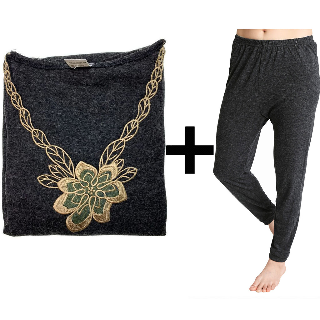 2pcs Set Womens Merino Wool Blend Pants & Top Underwear Leggings Thermal Thermals - Black - 10-12