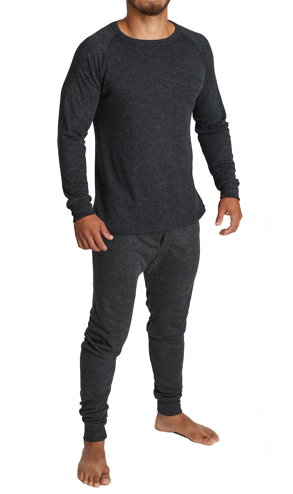 2pcs Set Mens Merino Wool Blend Long Sleeve Thermal Top & Long Johns Pants Underwear - Black - L