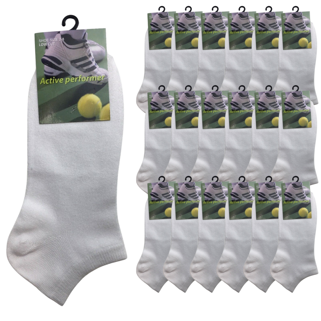 24x COTTON ANKLE SOCKS Sport Low Cut Mens Womens Running  BULK Anklet - White - 6-11