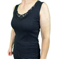 Ladies Sleeveless Singlet Top Womens Summer Basic Tank Shirt Lace Motif Front - Black - 14-16