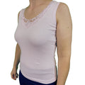 Ladies Sleeveless Singlet Top Womens Summer Basic Tank Shirt Lace Motif Front - Pink - 16-18