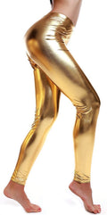 DELUXE METALLIC LEGGINGS Shiny Neon Stretch Dance Costume Fancy Dress Party - Gold/Yellow