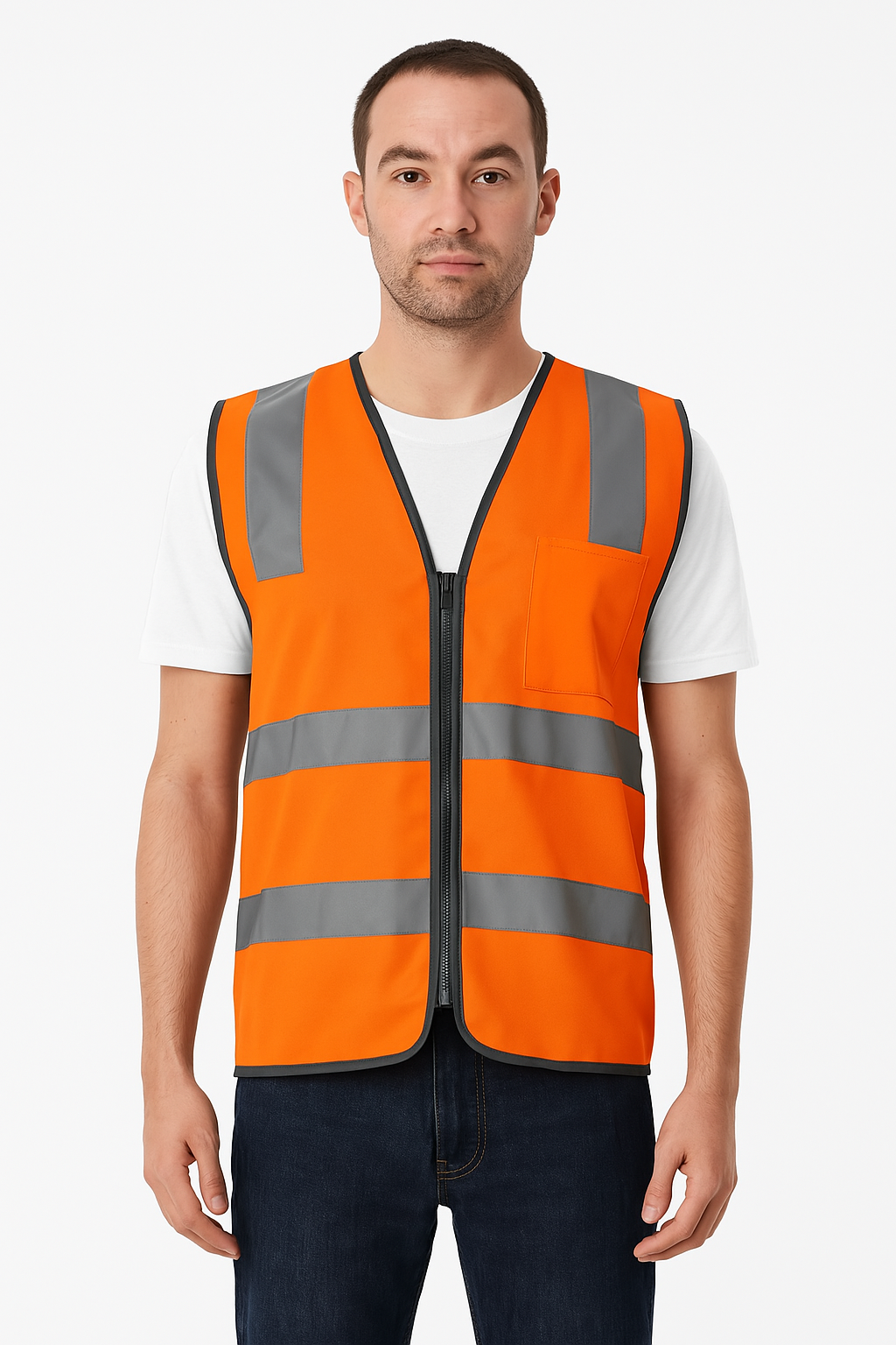 Hi Vis Safety Vest Reflective Tape Zip Up Workwear Pocket High Visibility in Orange - XXL