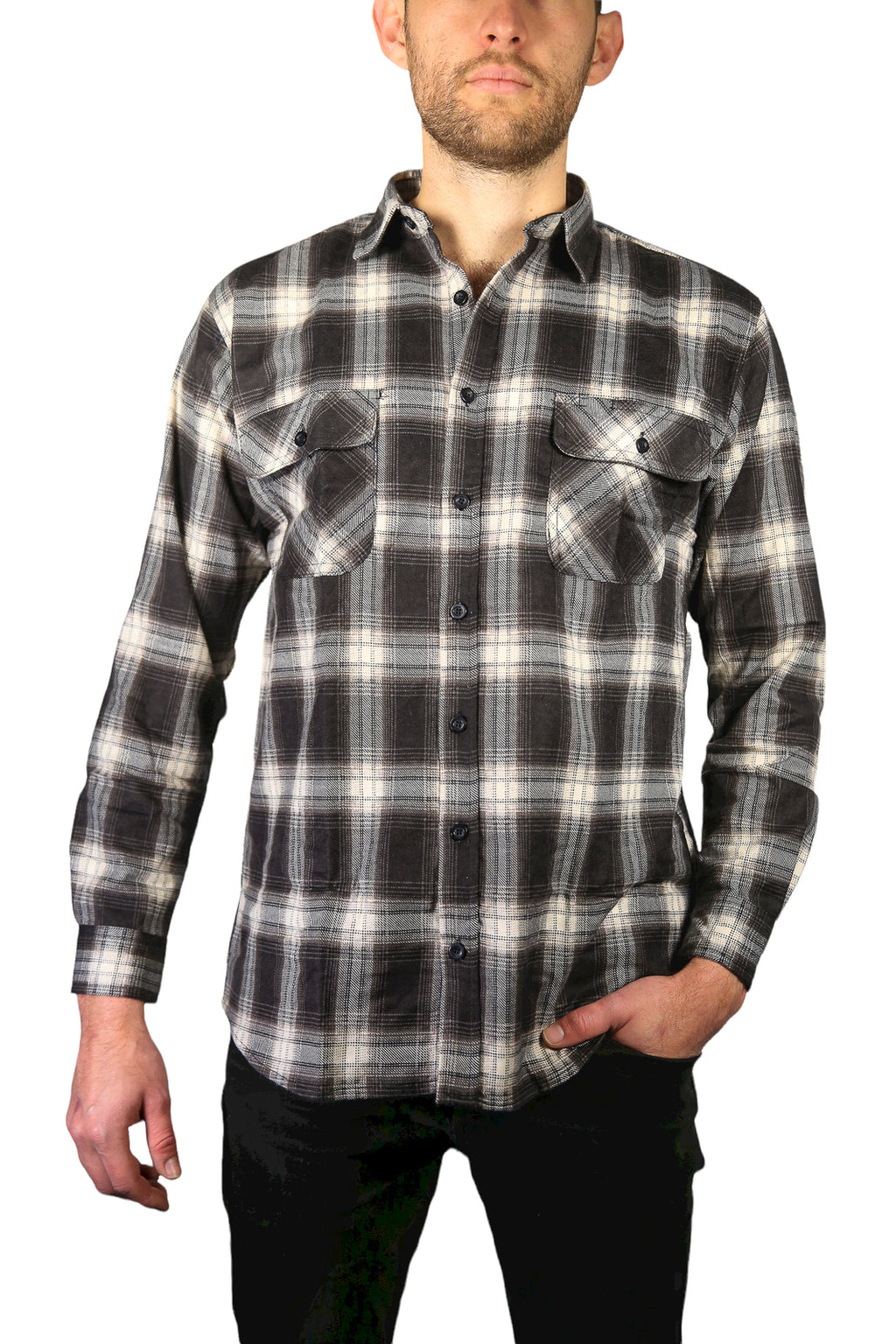 Mens Flannelette Long Sleeve Shirt 100% Cotton Check Authentic Flannel - Full Placket - Black - 3XL