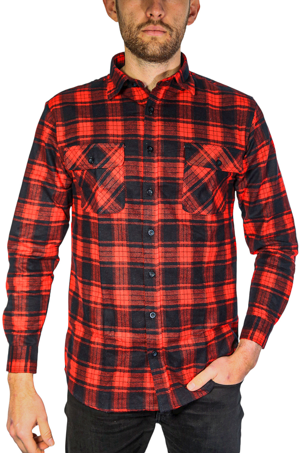 Mens Flannelette Long Sleeve Shirt 100% Cotton Check Authentic Flannel - Full Placket - Red - 7XL