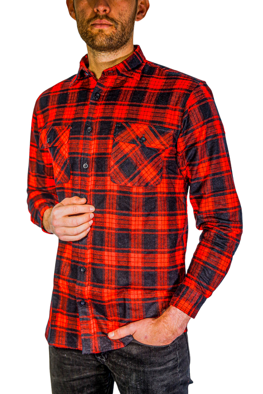 Mens Flannelette Long Sleeve Shirt 100% Cotton Check Authentic Flannel - Full Placket - Red - 7XL
