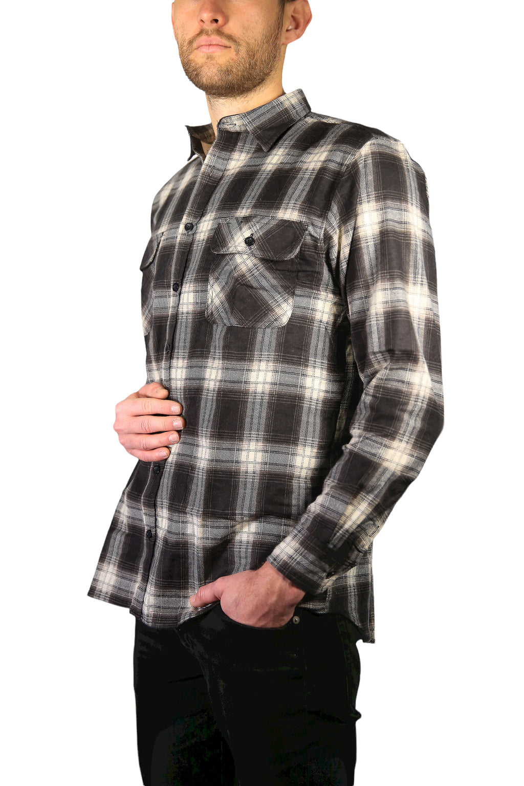 Mens Flannelette Long Sleeve Shirt 100% Cotton Check Authentic Flannel - Full Placket - Black - 5XL