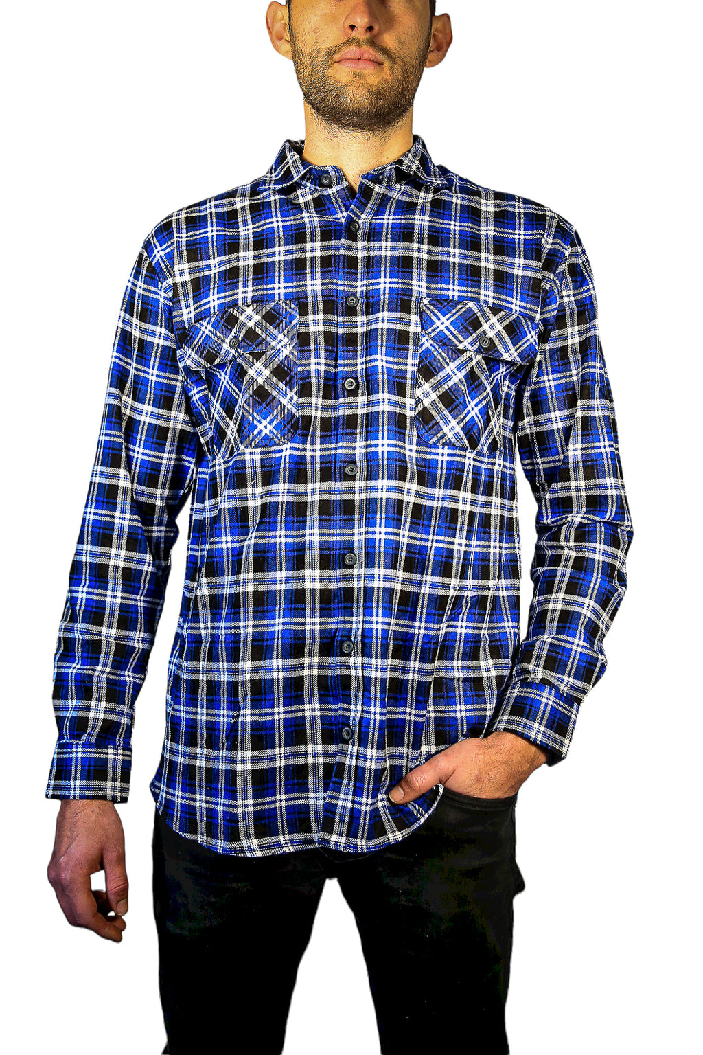 Mens 100% Cotton Flannelette Shirt Long Sleeve Check Authentic Flannel - Denim - 3XL