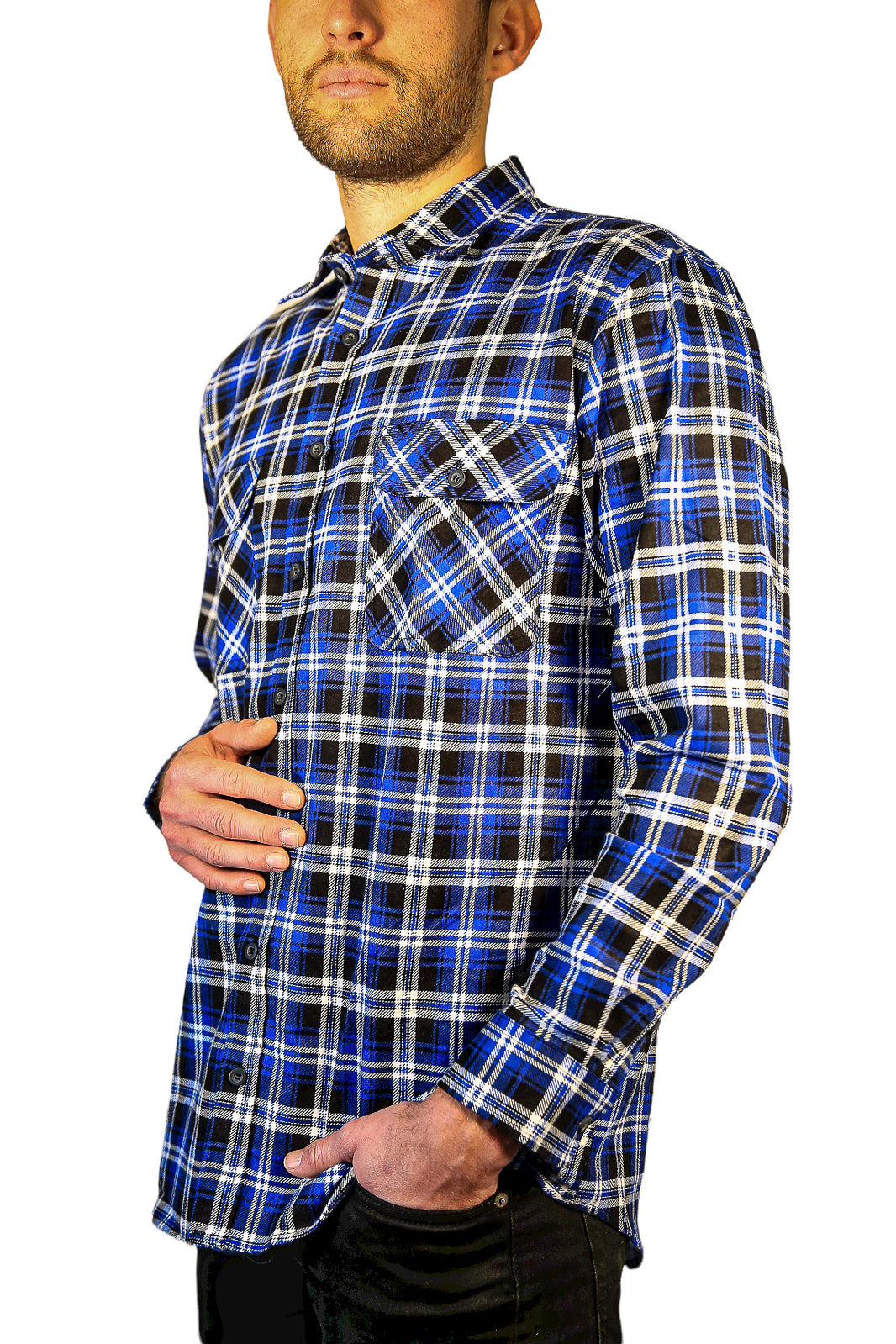 Mens 100% Cotton Flannelette Shirt Long Sleeve Check Authentic Flannel - Denim - 6XL