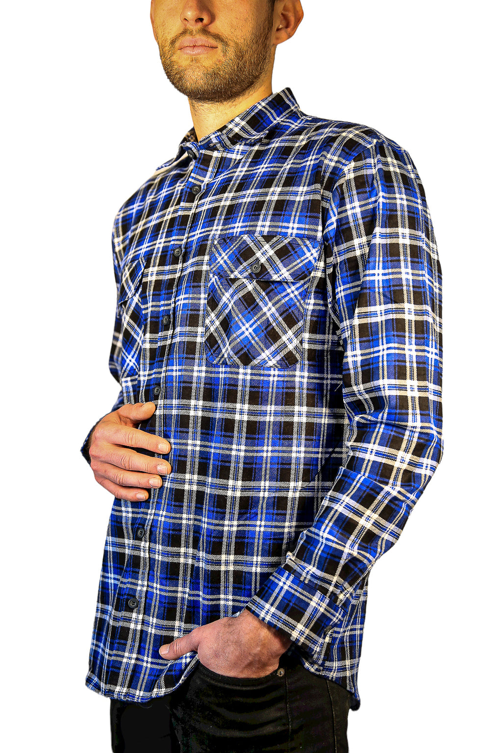 Mens 100% Cotton Flannelette Shirt Long Sleeve Check Authentic Flannel - Denim - 7XL
