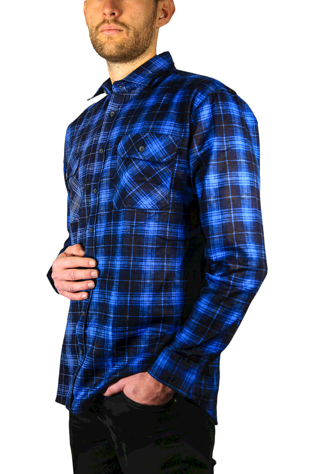 Mens 100% Cotton Flannelette Shirt Long Sleeve Check Authentic Flannel - Blue - 9XL