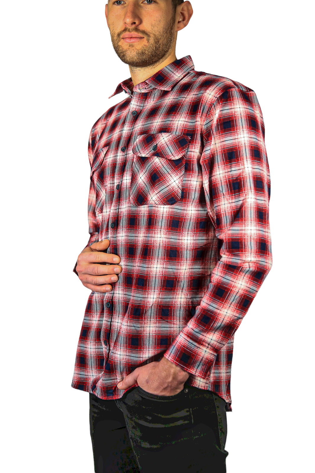 Mens 100% Cotton Flannelette Shirt Long Sleeve Check Authentic Flannel - Red/Navy - 6XL