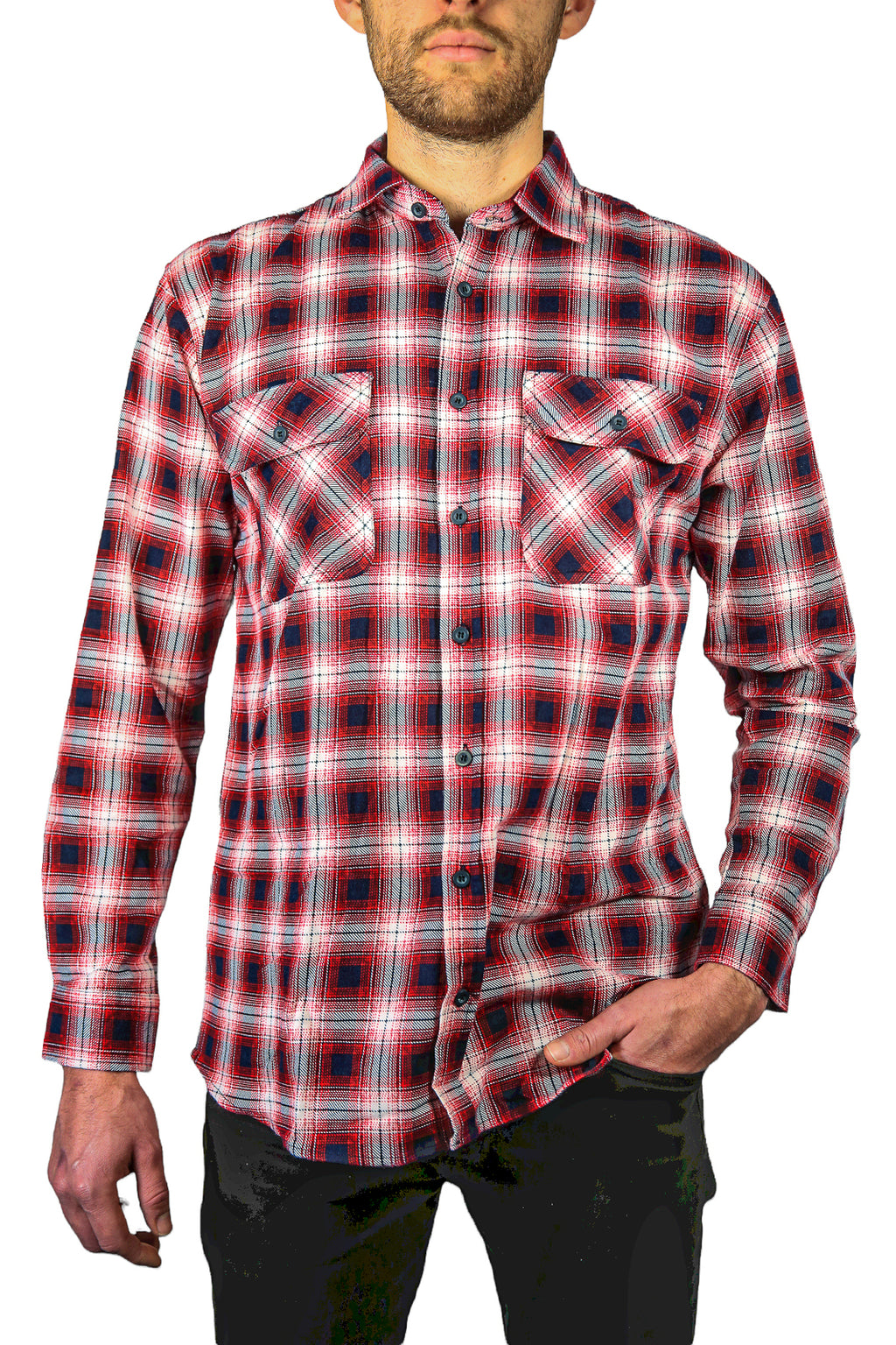 Mens 100% Cotton Flannelette Shirt Long Sleeve Check Authentic Flannel - Red/Navy - 9XL